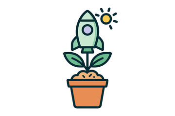Rocket ship growing from a potted plant symbolizing startup business growth and development