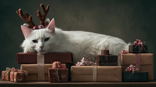 Adorable White Cat with Antlers Relaxing Among Holiday Presents