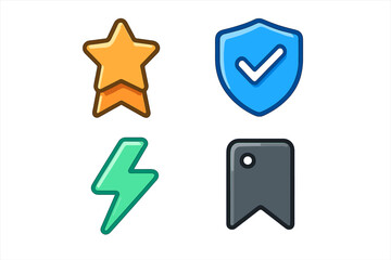 Essential user interface icons set featuring star rating, verified shield, lightning bolt, and bookmark symbol