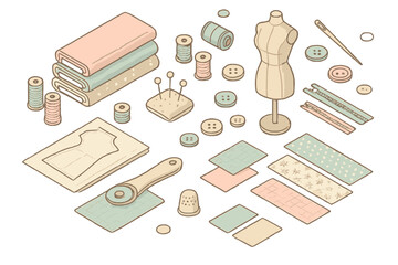 Essential sewing equipment and tailoring supplies arranged in an isometric layout