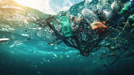 Close-up of plastic waste such as fishing nets and bottles swirling in water currents, highlighting ocean pollution concerns.