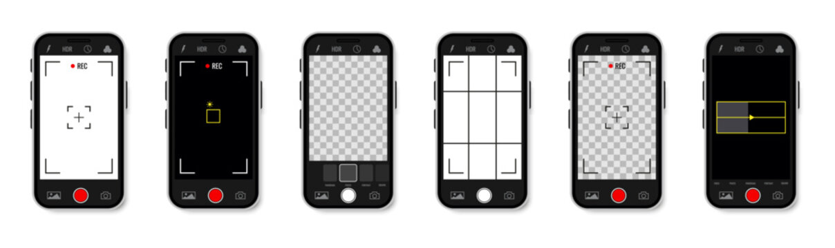 Smartphone camera interface collection showing recording, focus, and panorama modes. Realistic flat screens for UI and mobile design