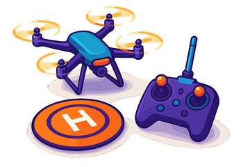Modern quadcopter drone with remote controller and landing pad on a white background