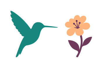 Stylized hummingbird silhouette flying near a simple blooming flower in teal and peach colors