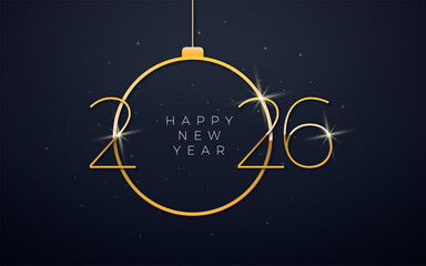 2026 Happy New Year Illustration with Gold Number and Christmas Ball Symbol on Black Background. Christmas Holiday Celebration Design with Typography Lettering for Flyer, Greeting Card, Banner