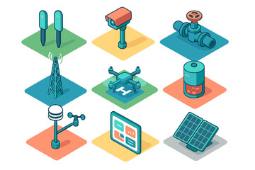 Isometric icon set for smart technology, remote monitoring, infrastructure, and renewable energy