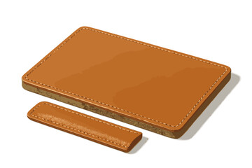 High angle view of two pieces of stitched brown leather material on a clean white background