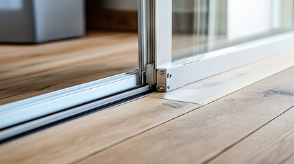 Close-up of sliding glass door hardware and rail embedded in wooden floor, highlighting craftsmanship and modern home design