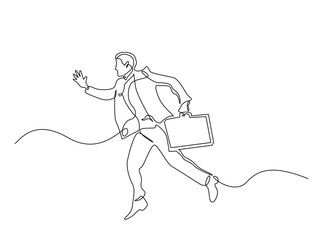 Businessman run with suitcase outline draw illustration. Continuous line art drawing of Businessman run with suitcase. Editable stroke.