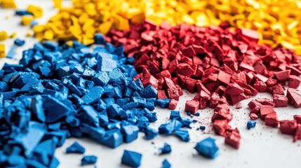 Close-up of vibrant red, blue, and yellow plastic pigments scattered on a white background, showcasing bright colors and fine texture for industrial use.
