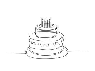 Sweet Cake or Birthday Cake outline draw illustration. Continuous line art drawing of Sweet Cake with candle. Editable stroke.