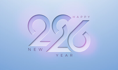 Happy New Year 2026 Greeting Card Design with Cut Out Number on Light Blue Background. Christmas Holiday Celebration Illustration with Logo Typography for Calendar, Flyer, Banner, Poster, Party