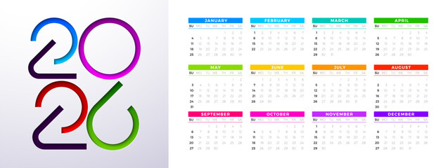2026 Printable Calendar Design Template with Cut Out Colorful Number Symbol and Whole Annual Monthly Typography on White Background for New Year. Horizontal Schedule Planner Illustration for Wall