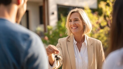Mature smiling female real estate agent hands house keys to new homeowners outside a modern home. Property sales, successful transaction