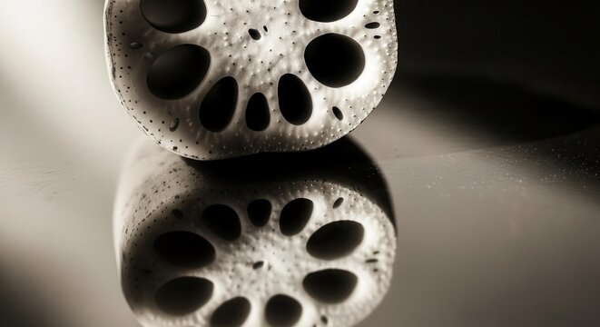 Minimalist Lotus Root Slice with Reflections in Monochrome for Creative Artistic Imagery