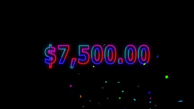 Neon line 9 thousand dollar counting animation and colorful confetti. Counting money and digits increasing. Animated Counter from 0 to 9k with resolution.