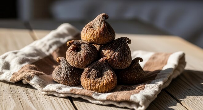 Pile Of Sweet Dried Figs Arranged Neatly On A Rustic Wooden Table