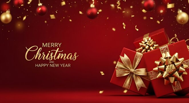 Elegant merry christmas greeting with festive red gifts and golden ornaments