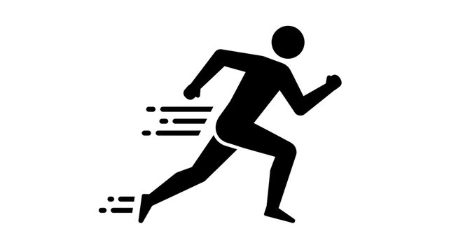 A black silhouette icon of a person running at high speed with motion lines indicating movement.