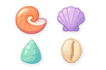 Collection of colorful ocean seashells including nautilus scallop and cowrie