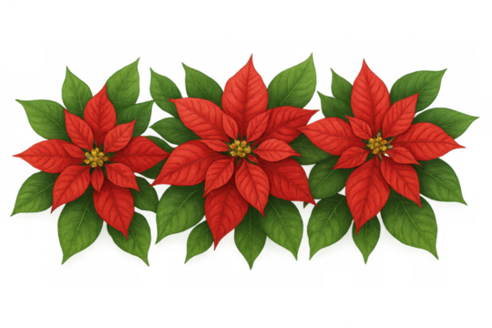 Poinsettia christmas border with red flowers and green leaves, festive holiday plant decoration on transparent background