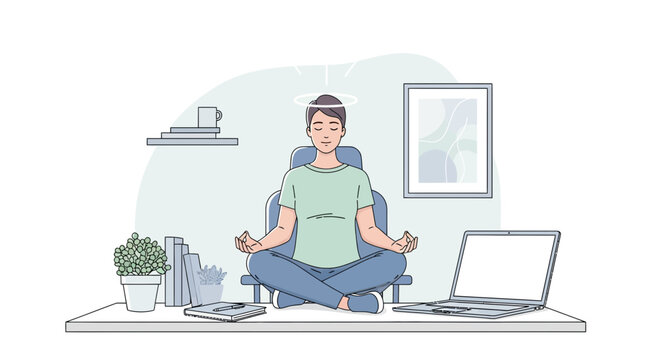 Calm man meditating at desk finding inner peace amidst busy workday, promoting mental wellness and focus in modern workspace