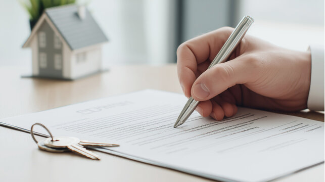 Close-up of hand signing a real estate contract with keys and a miniature house model nearby. Property transaction, signing the legal documents, real estate contracts, legal processes