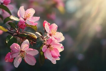 Pink Blossoms on Tree Branches Illuminated by Soft Sunlight in a Serene Garden