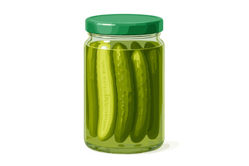 Pickled cucumbers preserved in a clear glass jar with a bright green lid on a white background