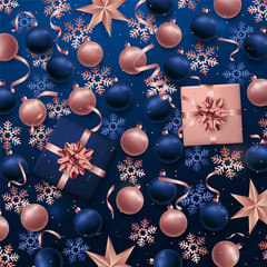 Bright blue background adorned with rose gold ornaments, gifts, and stars creates festive cheer. Xmas background. 