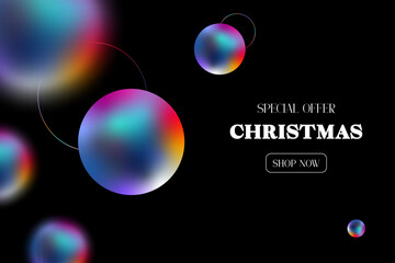 Merry Christmas banner.. Colorful spheres float against dark background, creating festive atmosphere. Sale background. 