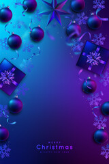 Bright festive design featuring ornaments, gifts, and snowflakes in vivid colors. Christmas tree form.