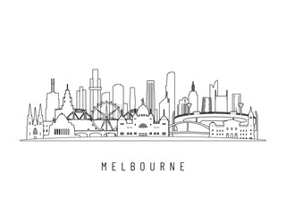 Detailed Melbourne skyline vector illustration. Melbourne buildings in line art style, perfect for modern designs.