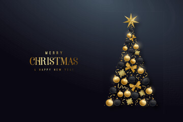 Elegant Christmas tree featuring gold and black ornaments with festive star. Greeting Xmas card. 