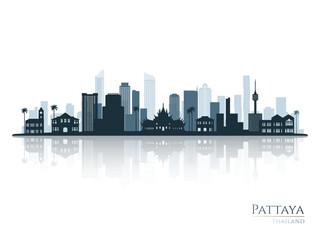Pattaya skyline silhouette with reflection. Landscape Pattaya, Thailand. Vector illustration.