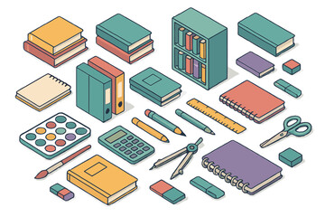 Isometric collection of school supplies, office stationery, and educational tools