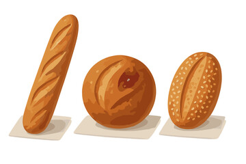 Assortment of golden brown baked goods including baguette, round roll, and sesame seed bun