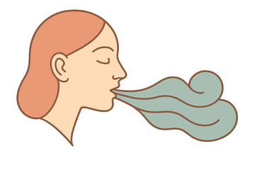 Profile of a young woman exhaling a stylized cloud of breath or vapor from her mouth