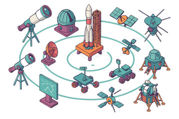 Isometric space technology elements set including launch vehicles, planetary rovers, and observation telescopes