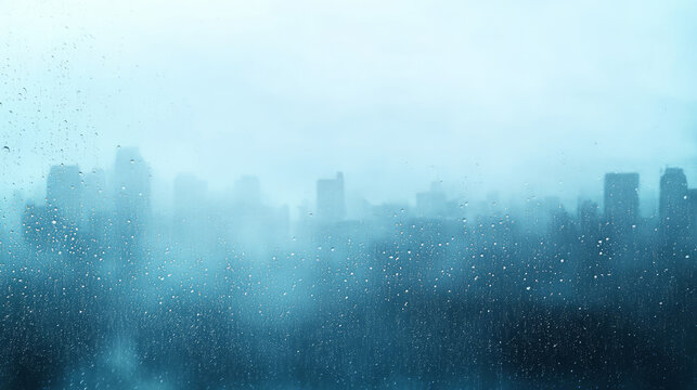 A blurred view of raindrops outside the window on a cloudy, overcast day.
