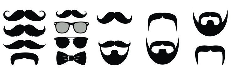 Silhouette icons of diverse facial hair styles, eyeglasses, and bow tie accessories for men’s grooming, fashion, and design concepts