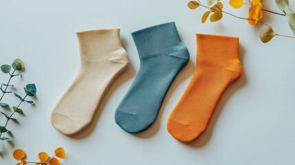 Cotton socks in pairs displayed on light background, minimalist aesthetic suitable for catalog or online shop