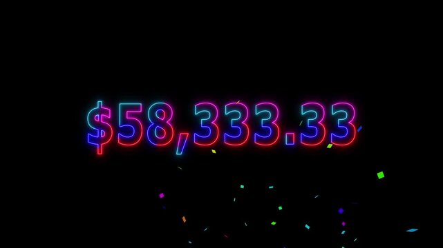 Neon line 70 thousand dollar counting animation and colorful confetti. Counting money and digits increasing. Animated Counter from 0 to 70k with resolution.