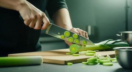 Precise Cutting Of Leek Culinary Preparation For A Gourmet Dish Demonstration