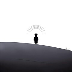 Young child stands alone on hilltop, receiving hopeful signals emanating outwards in a minimalist, symbolic scene.