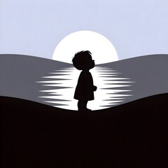 Hopeful child gazes skyward at a brilliant sun setting over tranquil waters, embodying dreams and new beginnings.
