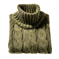 Folded olive green cable knit sweater isolated on transparent background