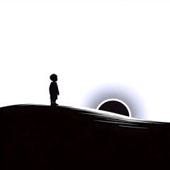 Young child silhouetted on hill gazing at a bright, mysterious sun symbolizing hope and new beginnings