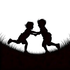 Joyful children holding hands, running through a grassy field, celebrating childhood innocence and pure friendship outdoors