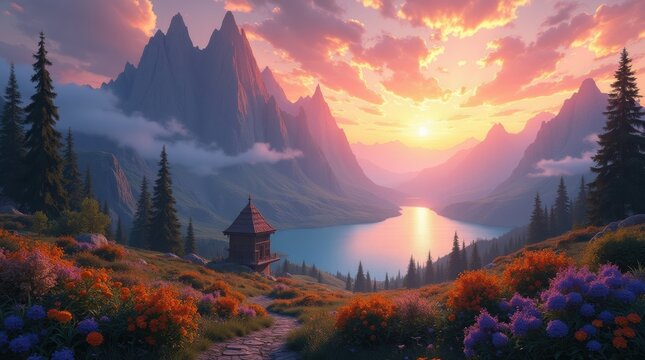 Magical mountain landscape at sunset with vibrant clouds and wildflowers